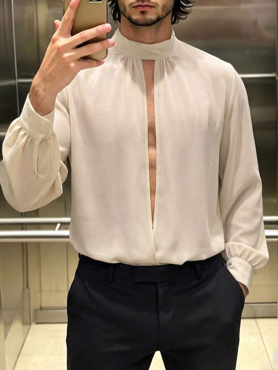 Manfinity Dauomo 男士寬鬆休閒交叉鏤空襯衫 - 杏色 - 查看 1