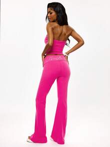 SHEIN BAE Women's Letter Rhinestone Flare Pants Night Out Night Party Night Party Date Night Going Out Pink Check Autumn Y2k 90s - Hot Pink - View 2