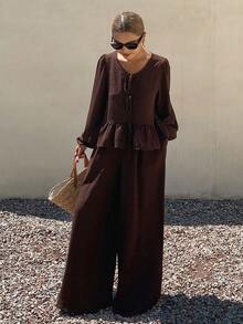 Livesso Women's Textured Tie-Front Ruffle Hem Blouse And Loose Long Pants 2 Pieces Set - Khaki - View 3
