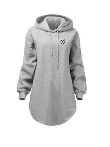 EMERY ROSE Women's Casual Heart Print Arched Hem Drawstring Sweatshirt, Autumn - Grey - View 4