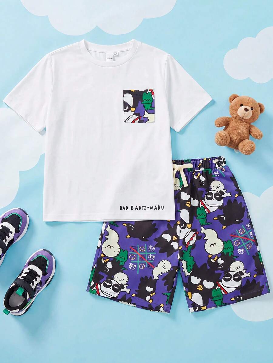 HELLO KITTY AND FRIENDS | SHEIN 青少年男孩卡通印花口袋短袖t恤和短褲套裝 - 紫色 - 查看 1