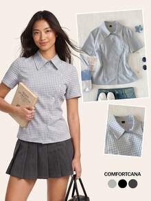 Comfortcana 女款短袖單排扣休閒 1960s 復古 70s 90s/工作野餐度假格紋襯衫，夏季藍白條紋 - 杏色 - 查看 8