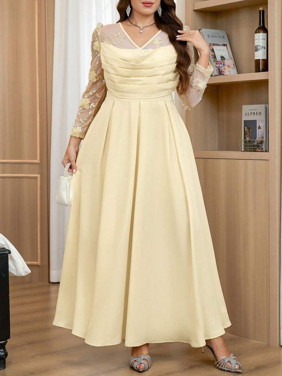 Reflora Plus Size Luxury Elegant 3D Floral Decor Embroidered Pleated Dress Wedding Dinner Evening Butter Yellow Autumn - Pale Yellow - View 1