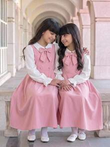 SHEIN Tween Girl Back To School Outfit Fitted Pink & White Patchwork Long Sleeve 3D Bow Decor Collared Open Front Dress Vintage Preppy Exquisite Pink 3D Bow Large Bow Decor Collared Shirt Dress Casual Preppy Tween Girl - Pink - View 4