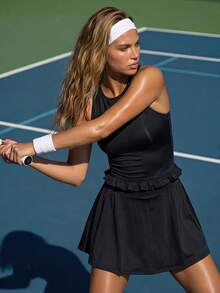 CourtClass CourtClass Women's Solid Color Ruffle Tank Top And Skirt Tennis Outfit Sports Set - Black - View 6