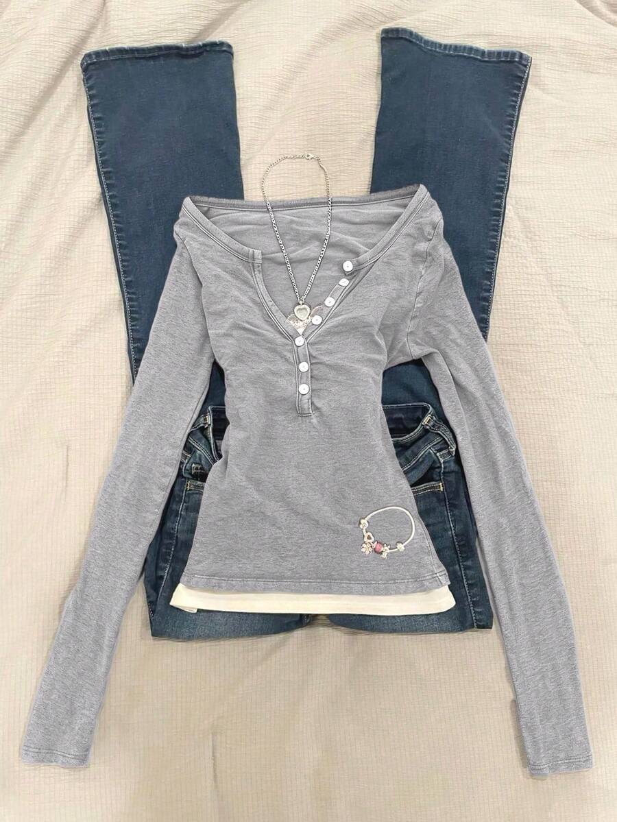 IslaSuriya 1 buah Kaos Wanita Lengan Panjang Slim Fit 2 in 1 - Grey - View 1