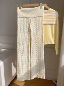 Comfortcana 女款刺繡麻花針織寬腿褲，適合夜生活與居家，黑白配色，秋季休閒款 - 杏色 - 查看 3