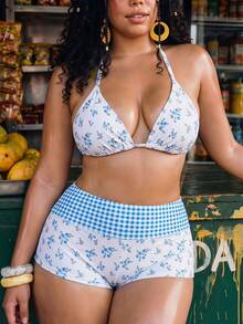 Swim Mod Plus Size Women's Summer Beach Vacation Floral Halter Bikini Set With Cover-Up And Shorts - Multicolor - View 6