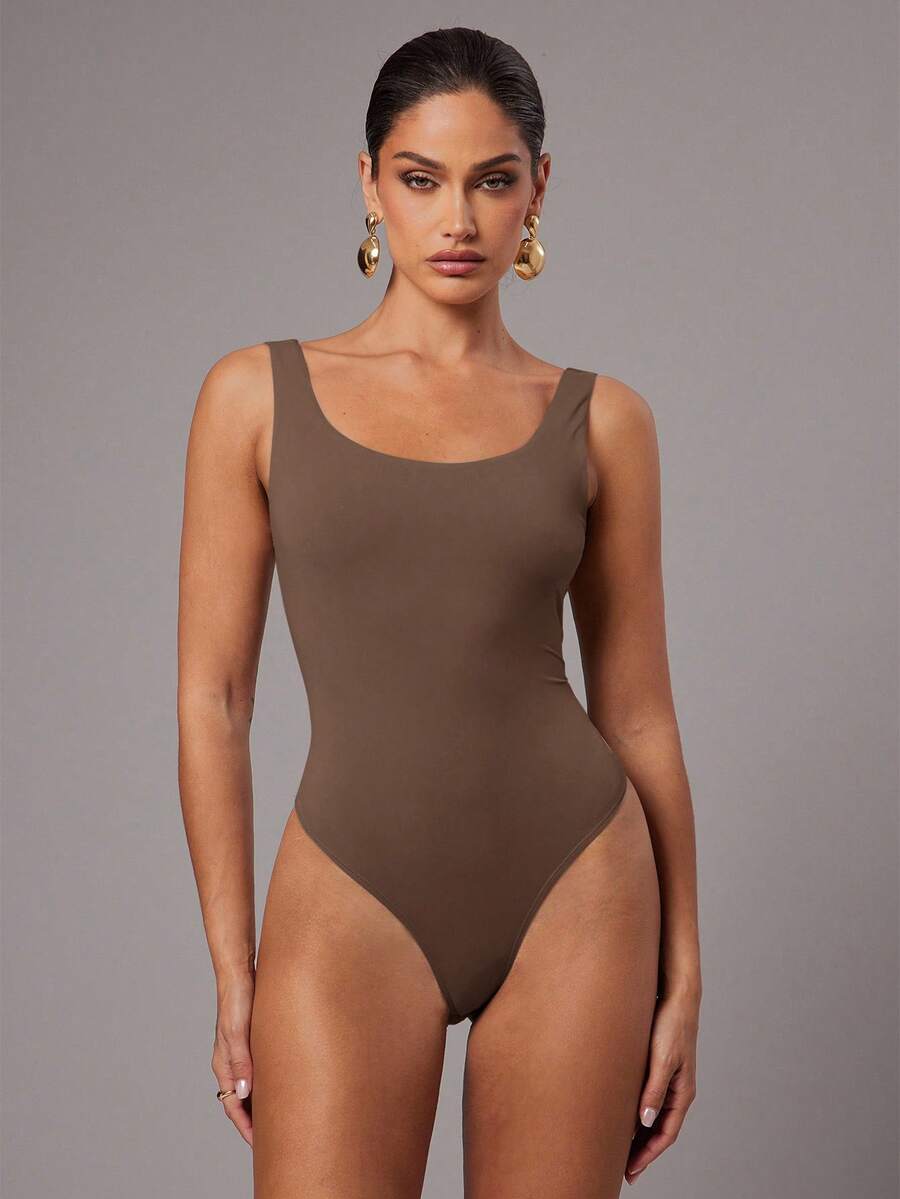 Silquee Chocolate Color Bodysuit, Basic Bodysuit - Brown - View 1