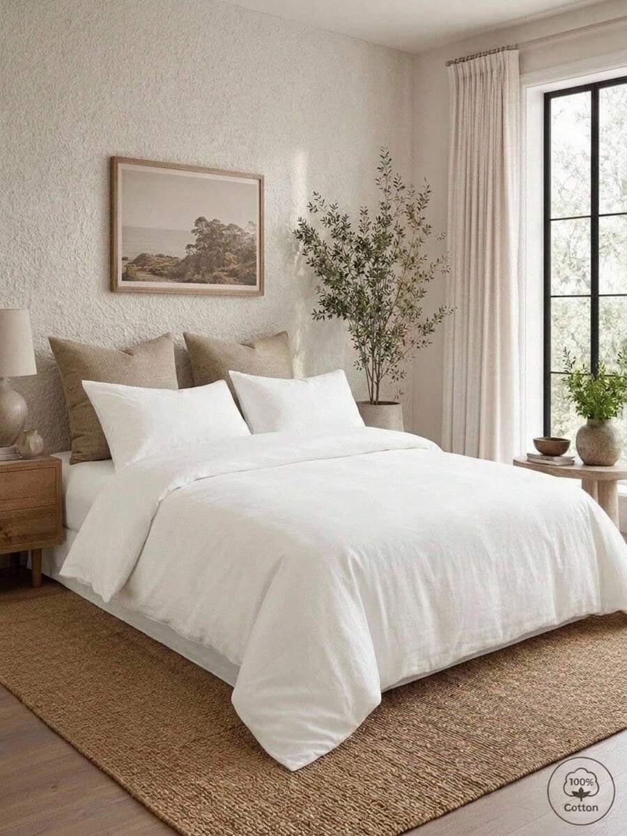 Cirelle Set Sprei Katun 100% dengan Motif Blok Warna Sederhana (2/3 Pcs), Termasuk 1 Sprei & 2 Sarung Bantal, Tanpa Isian, Set Perlengkapan Tidur Minimalis Warna Polos - Putih - View 1