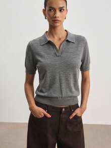 ATUI Studio Sweater Wanita Lengan Pendek Berkerah Abu-abu Serbaguna untuk Musim Gugur, Cocok untuk Kantor, Makan Siang, Minimalis, dan Kasual. - Grey - View 3