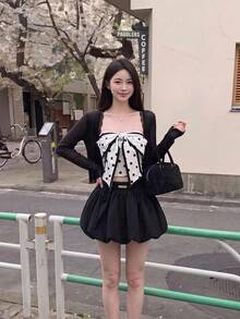 SHEIN MOD Polka Dot Pattern Contrast Binding Bow Front Tube Top, Summer, Back To School, Going Out, Festival Women, Party, Y2k Disco Cute 90s White And Black - Black and White - View 5