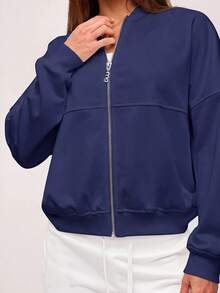 SHEIN BASICS Chaqueta holgada de punto de unicolor con cuello alto y manga larga para mujer en otoño/invierno - Azul Marino - Ver 3