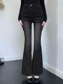 DAZY Teen Girl Solid Color Slant Pocket Fitted Flare Leg Jeans - Black - View 2