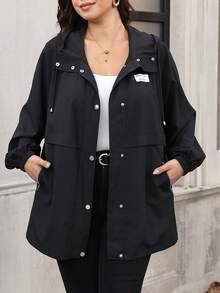 Reflora Plus Size Casual Versatile Hooded Jacket, Summer Office Black And Gold Fall - Black - View 6