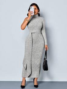 SOLERSUN "Women's New Autumn Irregular Slim-Fit Style Solid Color Drape Maxi Dress " - Grey - View 5