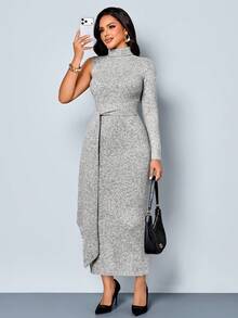 SOLERSUN "Women's New Autumn Irregular Slim-Fit Style Solid Color Drape Maxi Dress " - Grey - View 6