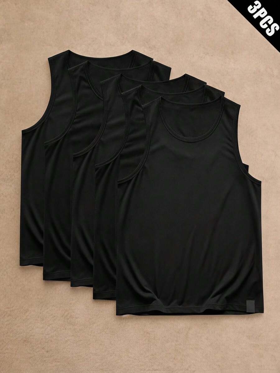 HIMLAND Men's Casual Versatile Denim Crew Neck Tank Top 3 Pieces Set - Black - View 1