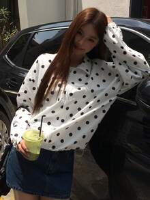DAZY Women's Polka Dot Zipper Casual Versatile Daily Long Sleeve Jacket Fall - White - View 5