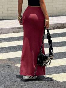 SHEIN Teen Girls Burgundy Solid Color Pleated Mermaid Long Skirt, Casual, Minimalist - Burgundy - View 2