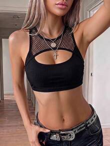 SHEIN ICON 前鏤空假兩件短款背心 - 黑色 - 查看 5