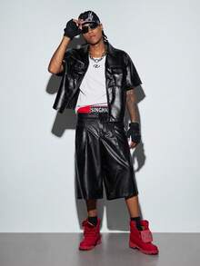 Modcrash Mens Black PU Leather Shirt, Short Sleeve Streetwear Button Down For Business Casual And Parties - Black - View 4