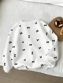 HELLO KITTY AND FRIENDS | SHEIN 1件少女休閒可愛卡通蝴蝶結印花圓領抓絨衛衣，適合秋冬穿著 - 白色 - 查看 5