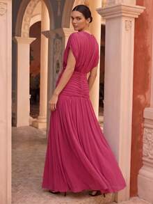 Anewsta Spring/Summer New Solid Color Elastic Mesh Soft Delicate Round Neck Ruched Design Long Dress For Women Party Night Fuchsia Pink Elegant - Hot Pink - View 2