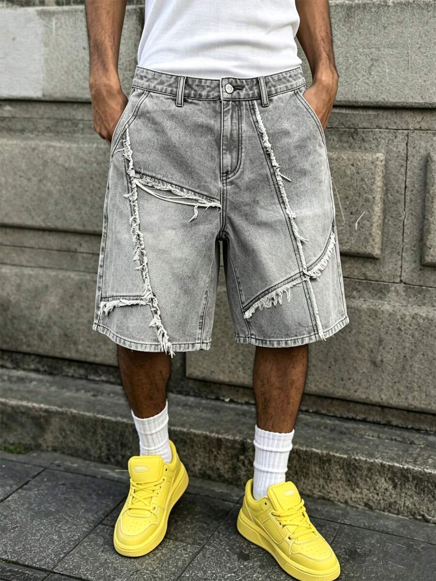 Manfinity EMRG Men's Streetwear Grunge Asymmetrical Patchwork Frayed Hem Grey Washed Denim Bermuda Shorts City Break Vacation Back-To-School
