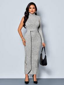 SOLERSUN "Women's New Autumn Irregular Slim-Fit Style Solid Color Drape Maxi Dress " - Grey - View 9