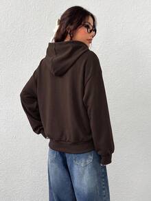 SHEIN EZwear 女款純色抽繩連帽休閒百搭日常穿著運動衫 - 咖啡棕 - 查看 2
