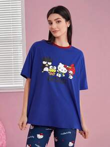 HELLO KITTY AND FRIENDS | SHEIN 卡通字母印花圓領短袖t恤 - 寶藍色 - 查看 1