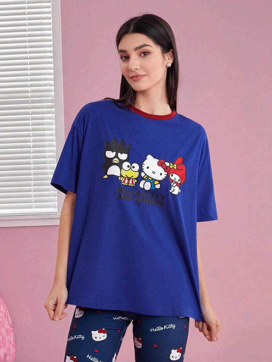 HELLO KITTY AND FRIENDS | SHEIN 卡通字母印花圓領短袖t恤 - 寶藍色 - 查看 1