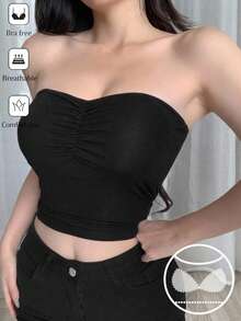 DAZY Top bandeau plisado con acolchado incorporado, para hacer ejercicio - Negro - Ver 3