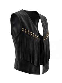 Yalmera Women's Suede Fringe Rivet Decor Boho Casual Jacket, Versatile For Daily, Vacation, Business, Beige, Sleeveless, Early Spring/Spring & Summer - Black - View 6