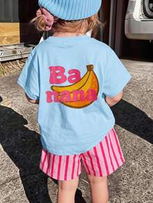 THE HAPPY LOOK Young Girl Fruit Pattern Knitted Soft Crew Neck Short Sleeve Drop Shoulder Pullover Top & Striped Shorts 2pcs Set - Baby Blue - View 1