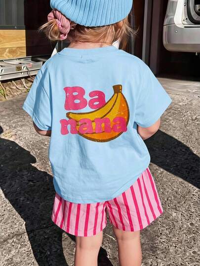 THE HAPPY LOOK Kids Young Girl Fruit Pattern Knitted Soft Crew Neck Short Sleeve Drop Shoulder Pullover Top & Striped Shorts 2pcs Set