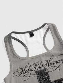 ROMWE Grunge Punk Women's Letter & Cross Pattern Casual Daily Wear Top - Grey - View 3