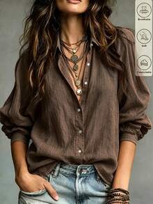 SHEIN Women's Solid Color Single-Breasted Casual Versatile Daily Wear Shirt - Brown - View 3
