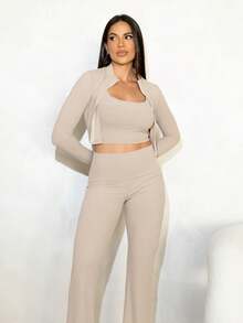 Maju Mazalli Bộ tập yoga 3 món nữ màu kaki, phong cách athleisure mùa hè, quần legging định hình bụng và áo khoác cổ cao có lỗ xỏ ngón cái, ôm sát, đồ thể thao - Màu Khaki - Xem 2