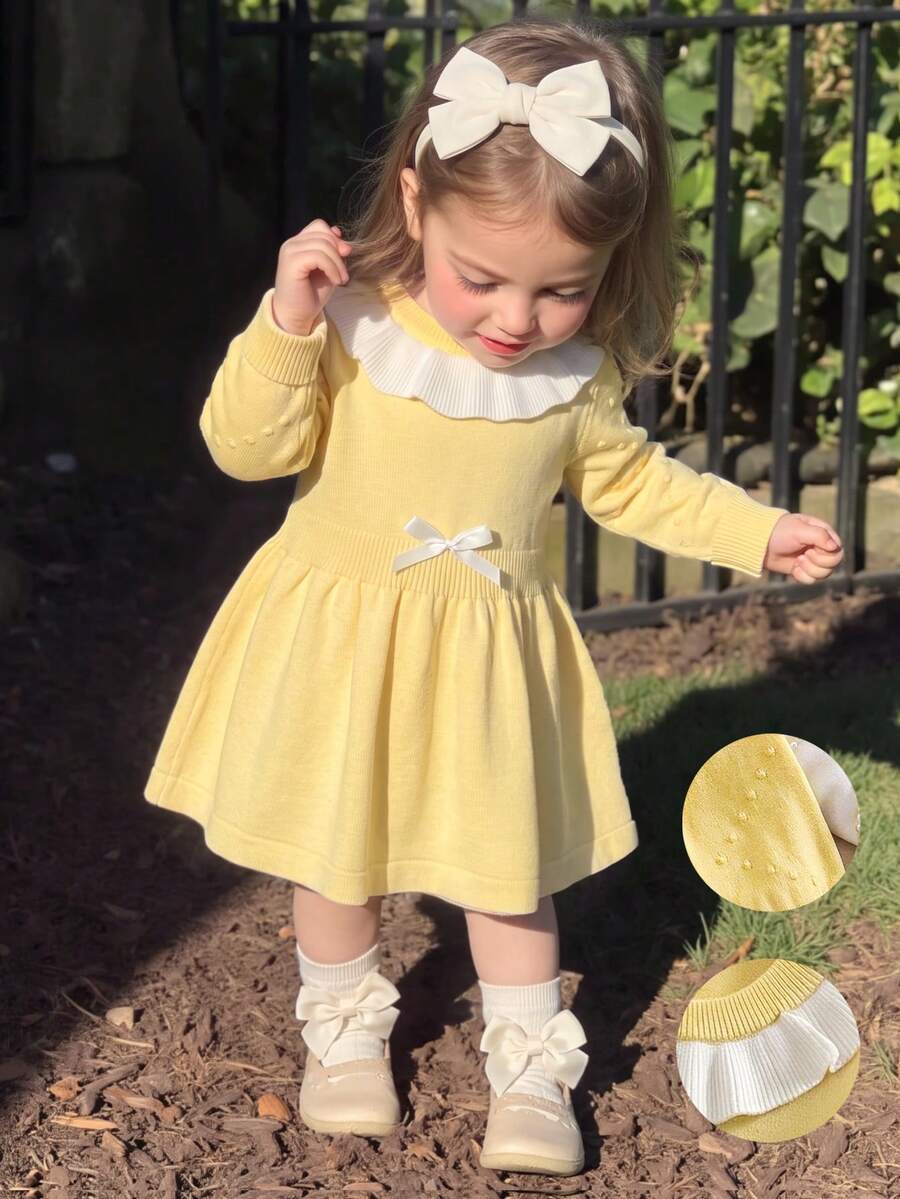 SHEIN Baby Girl Colorblock Patchwork Ruffle Long Sleeve Cute Knitted Dress - Yellow - View 1