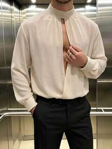 Manfinity Dauomo 男士寬鬆休閒交叉鏤空襯衫 - 杏色 - 查看 4