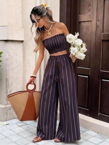 Serisse Women's Vacation Casual Tropical Boho Brown Striped Bandeau Top And Wide Leg Pants 2 Pieces Set Beach Summer - Brown - View 1