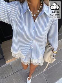 Opulessa Casual Woven Striped Loose Shirt & Shorts Women's 2 Pieces Set - Blue - View 1
