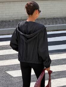 Muchica Drop Shoulder Drawstring Hem Hooded Jacket In Fall/Winter Black - Black - View 2
