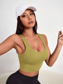 Gameset SHEIN Sport 女款素色羅紋無縫運動內衣，適合日常健身與運動 - 綠色 - 查看 3