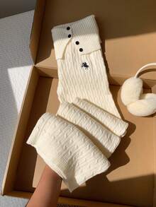 Comfortcana 女款刺繡麻花針織寬腿褲，適合夜生活與居家，黑白配色，秋季休閒款 - 杏色 - 查看 7