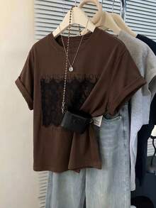 GlowEve Premium Fashion Vintage Loose Short Sleeve Summer Lace Patchwork Letter Print Women's T-Shirt - Brown - View 4