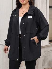 Reflora Plus Size Casual Versatile Hooded Jacket, Summer Office Black And Gold Fall - Black - View 5