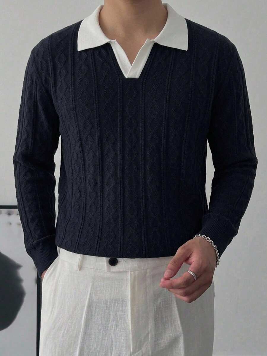 DAZY Sweater Kasual Lengan Panjang Pria dengan Kerah Bermotif Blok Warna - Navy Blue - View 1
